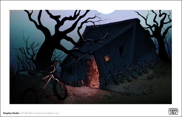 Scary house drawn in pencil, scanned and completed in Photoshop. Background to be used for animated film or pre-production visualization.